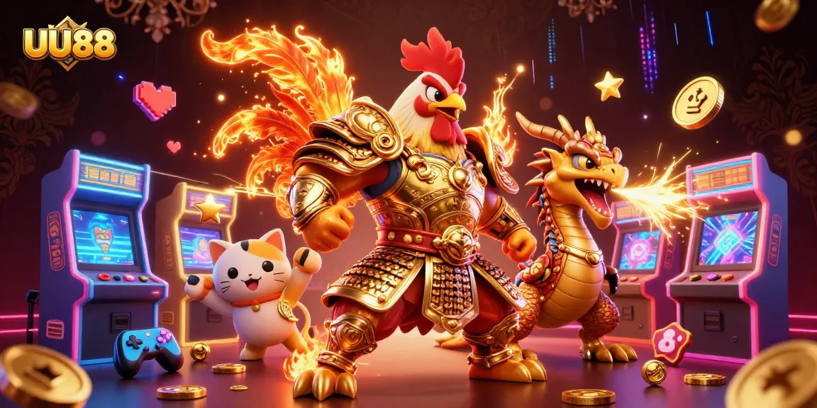 UU88 showcases a 3D fighting rooster warrior in a vibrant casino scene, highlighting exciting gameplay.