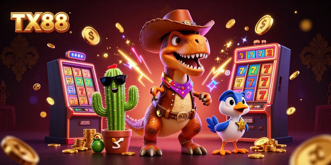 Play thrilling slots with TX88 featuring a cowboy T-Rex, cactus, and roadrunner in a vibrant casino setting.