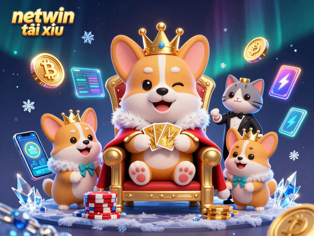 Engage in netwin tài xỉu with royal corgi king presented by a cat butler in a dynamic casino scene.