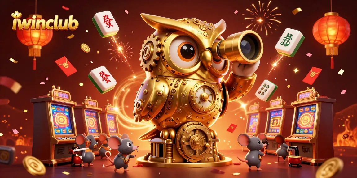 Spin to win at iwinclub with our 3D illustrated casino scene featuring a golden owl and festive elements.