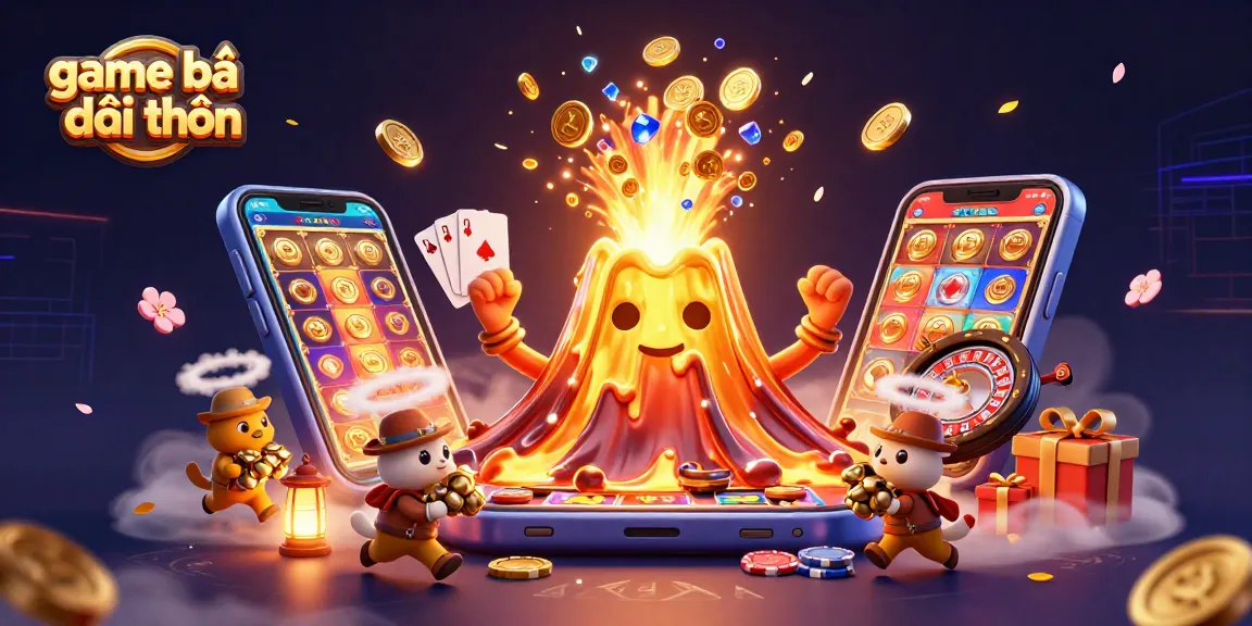 Experience the excitement of game bài đổi thưởng with a triumphant golden volcano erupting coins, accompanied by explorer animals and dynamic game elements.