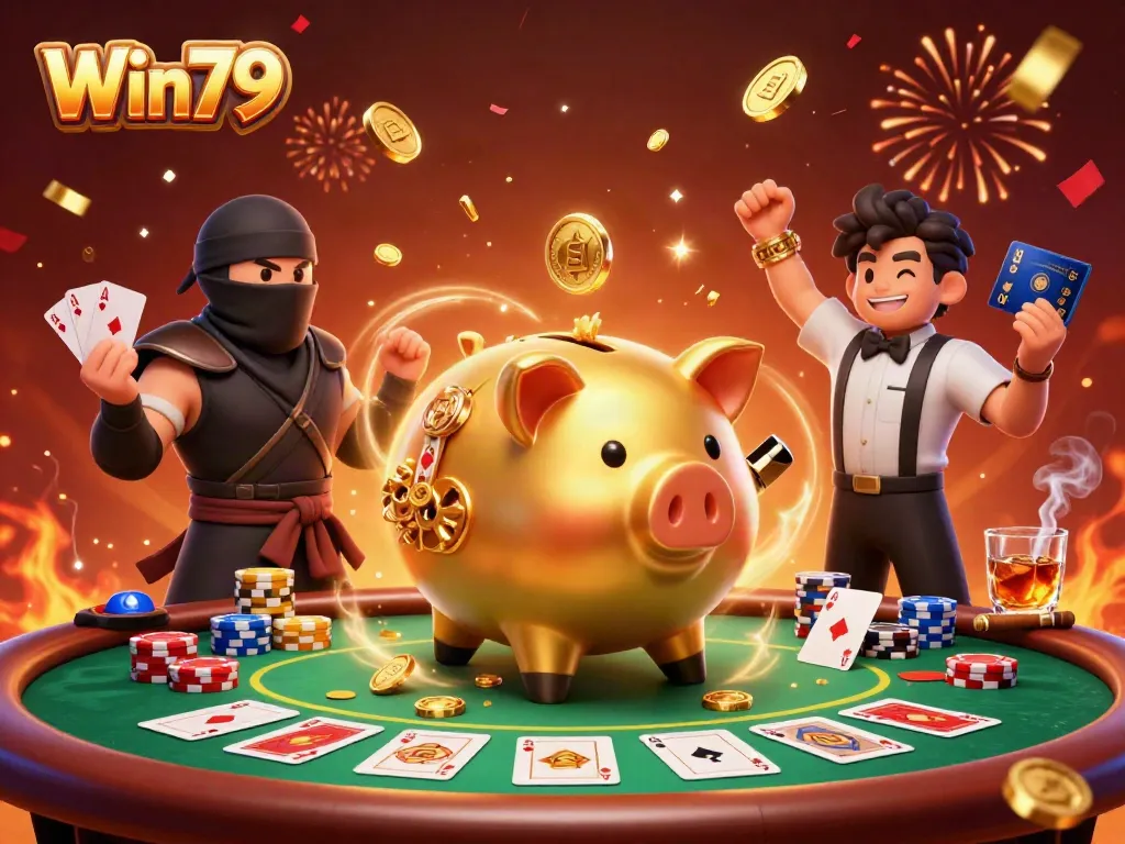 Win79 celebrates victory in an engaging casino scene, with a golden piggy bank wrestler showcasing the excitement of online gaming.
