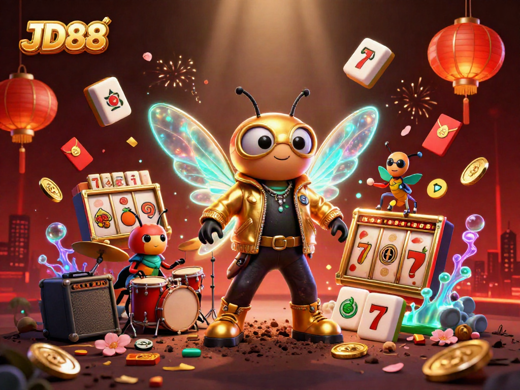 Experience the vibrant atmosphere of JD88 with a lively scene of cartoon characters and casino elements.