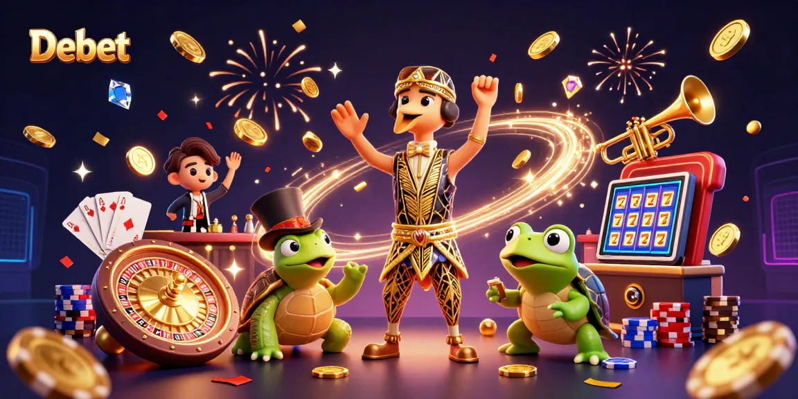 Experience the thrill of Debet with vibrant casino elements and lively characters in a 3D illustration.