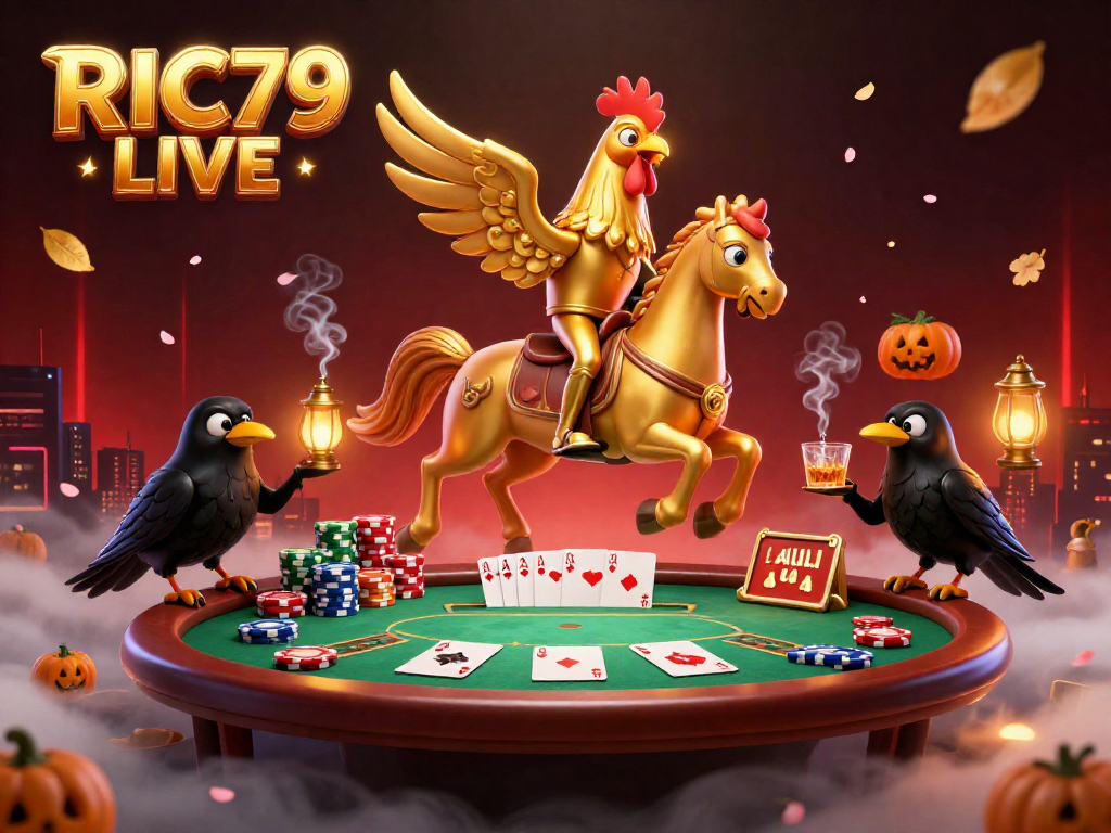 Engage with RIC79 LIVE in a vibrant, 3D casino scene featuring poker action and mystical elements.