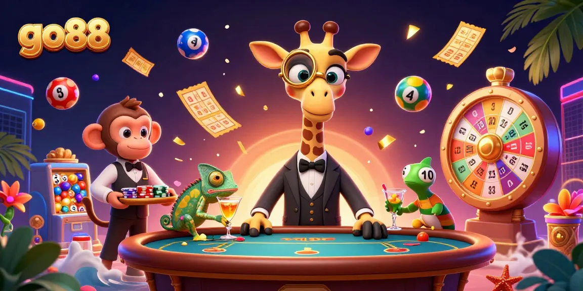Engage with go 88 through a vibrant casino scene featuring a giraffe at a poker table with colorful lottery elements.