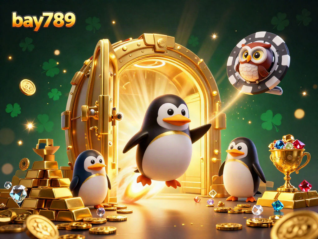 Experience bay789 with a golden penguin and dazzling casino space station, highlighting exciting gaming opportunities.