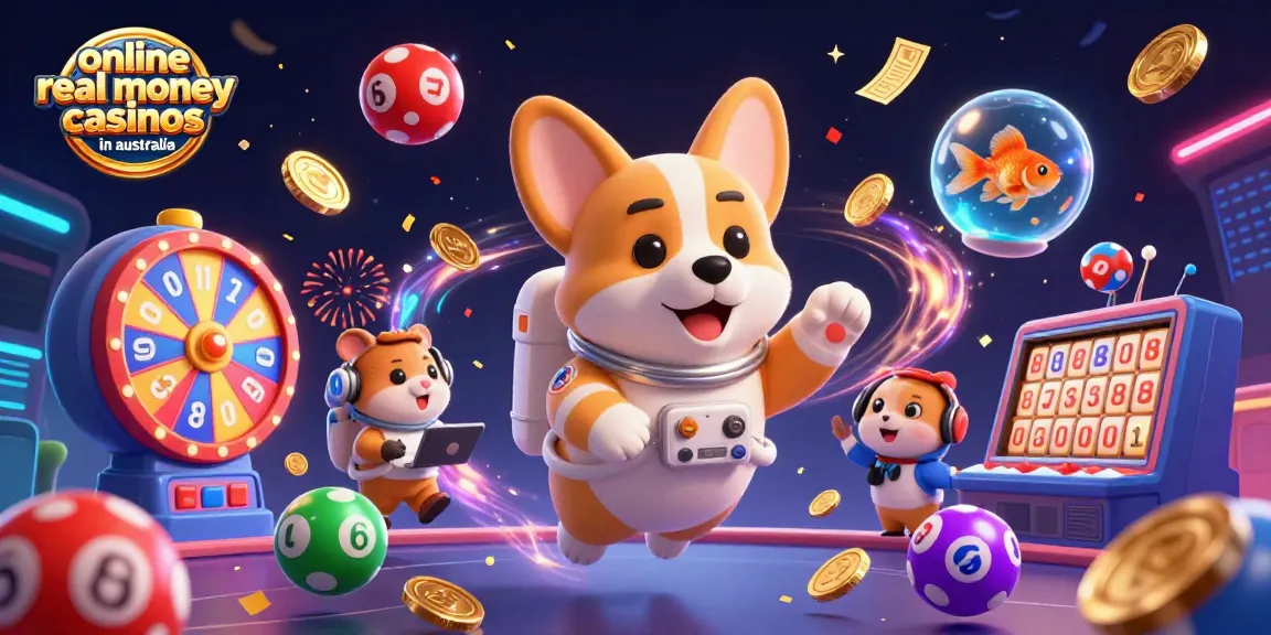 Experience thrilling moments at online real money casinos in Australia with colorful lottery elements in a vibrant space.