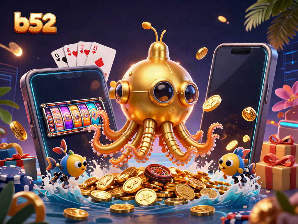 Engage in thrilling gameplay with b52, featuring a golden kraken submarine amidst gold coins and vibrant gambling elements.