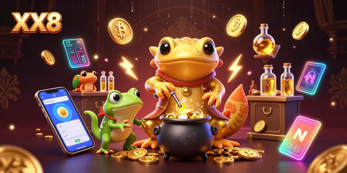 Engage with XX8's vibrant casino world featuring a golden salamander alchemist and crypto elements.