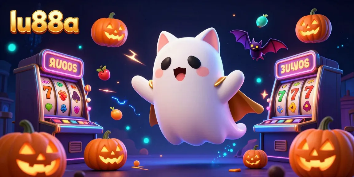 Experience thrilling slots at lu88a with a playful ghost cat, vampire bat, and glowing jack-o-lanterns.