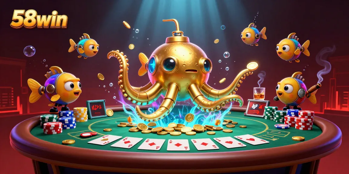 Experience thrilling gameplay with 58win’s vibrant casino illustration featuring poker elements.