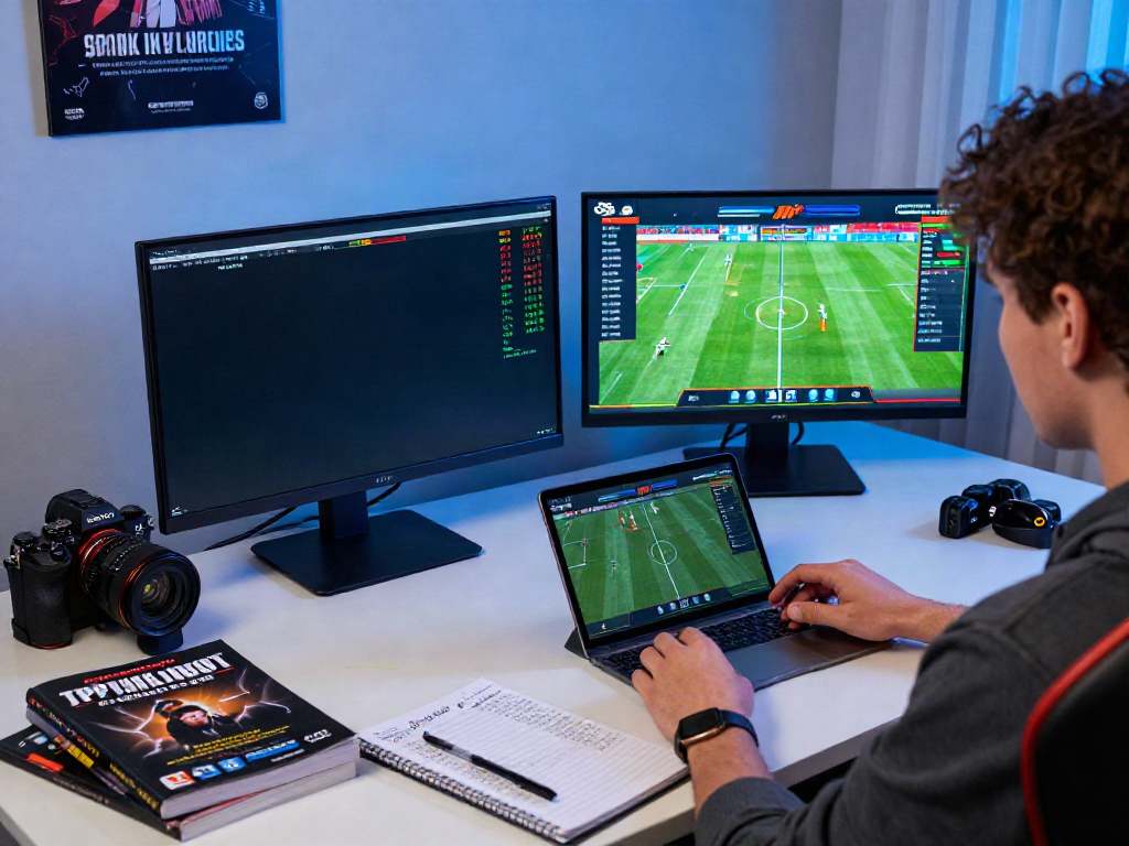 Engaged gamer at https://debet.gb.net/ betting on live sports matches with multiple screens and gaming accessories.