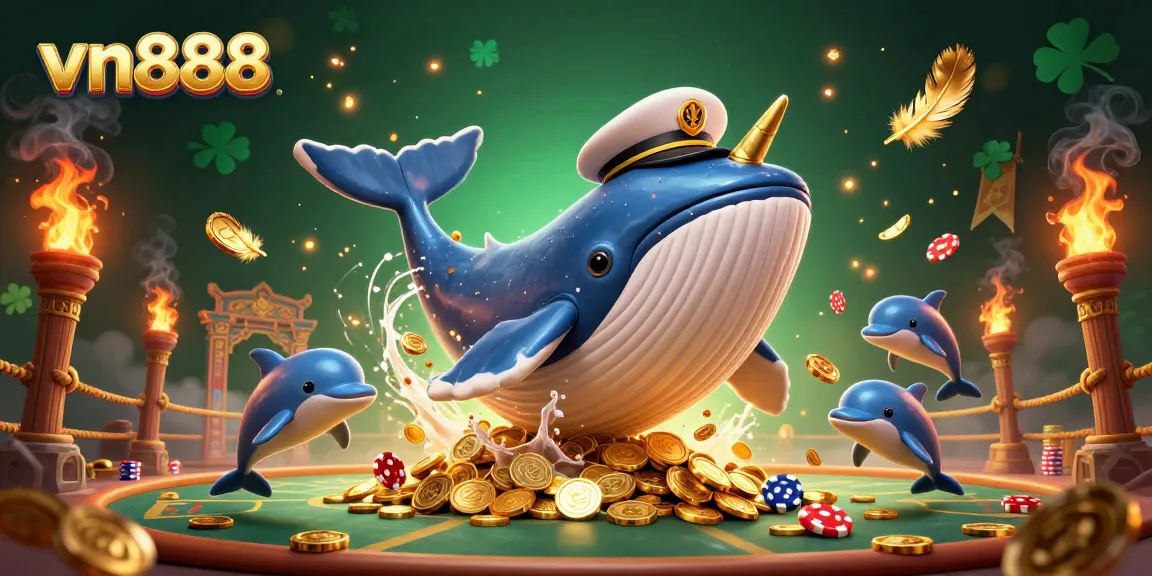 Experience the excitement of vn888 with a vibrant 3D scene featuring a whale, narwhal, and dolphins in a casino-themed adventure.
