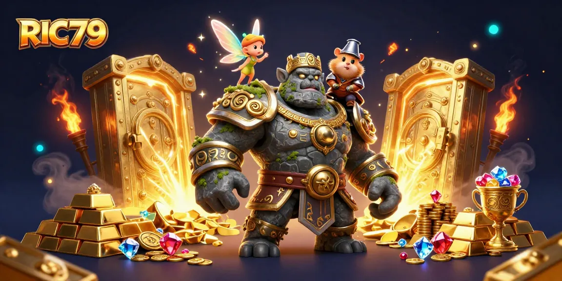 Experience a thrilling RIC79 adventure with the golem guardian and magical companions, amidst gold treasures.