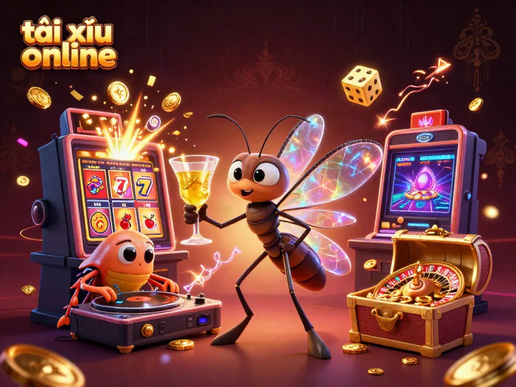 Experience exciting tài xỉu online gameplay with a whimsical casino scene bursting with action and color.