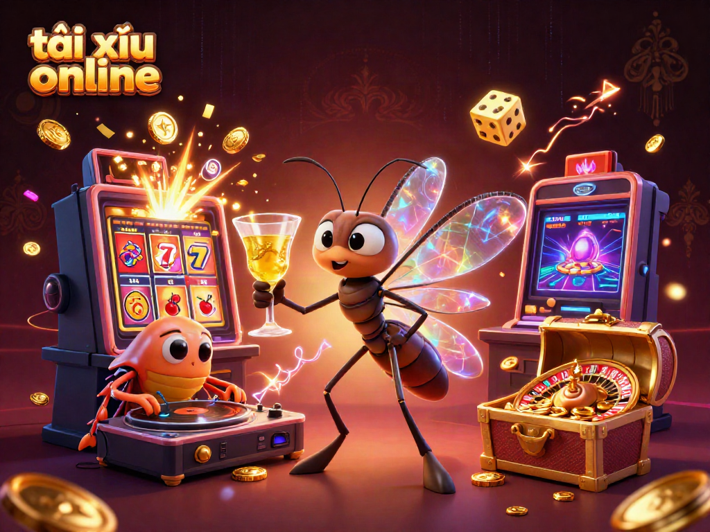 Experience exciting tài xỉu online gameplay with a whimsical casino scene bursting with action and color.