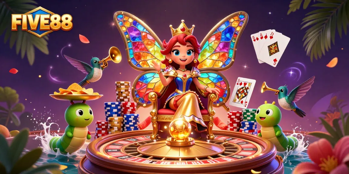 Experience exciting gameplay at FIVE88, featuring a vibrant casino scene with colorful roulette wheels and poker chips.
