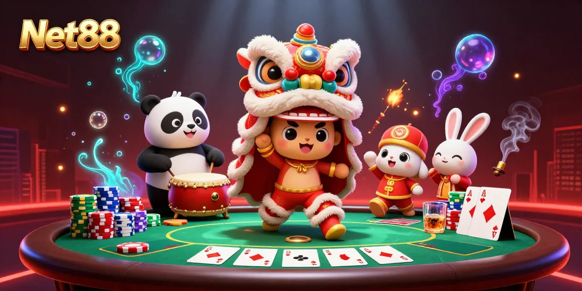 Experience the thrill of Net88 with a vibrant illustration of a lion dance and poker scene.