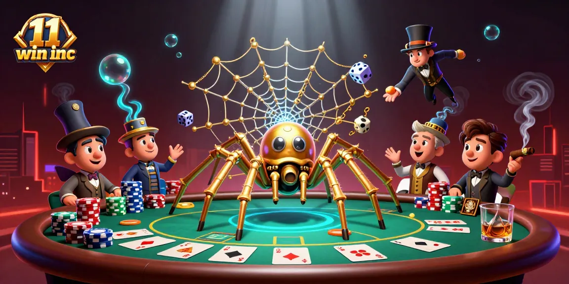 Engage with 11 win inc as the steampunk spider entangles dice in a vibrant casino scene.