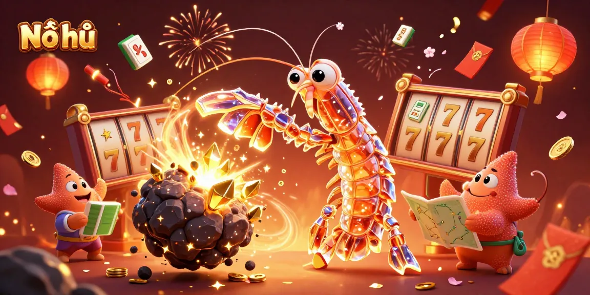 Nổ hũ game scene featuring a mantis shrimp and starfish with slot reels and lucky symbols.