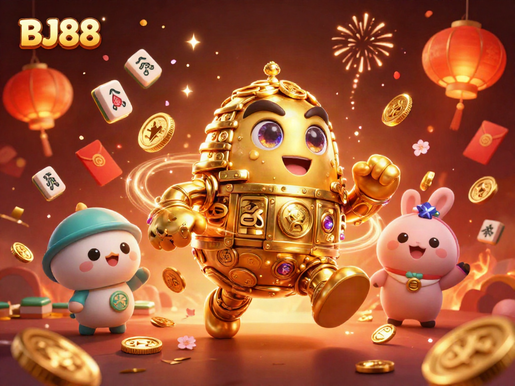 Experience gaming excitement with BJ88's vibrant 3D illustration showcasing dynamic casino elements.