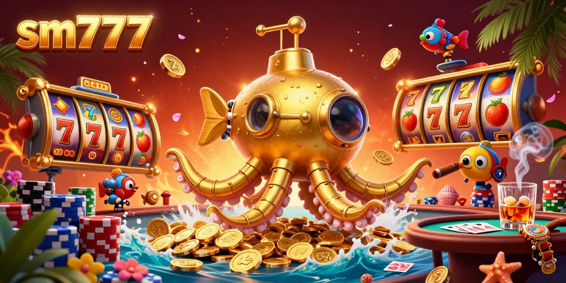 Experience gaming excitement with sm777's vivid 3D casino adventure featuring vibrant slot reels and a golden kraken.