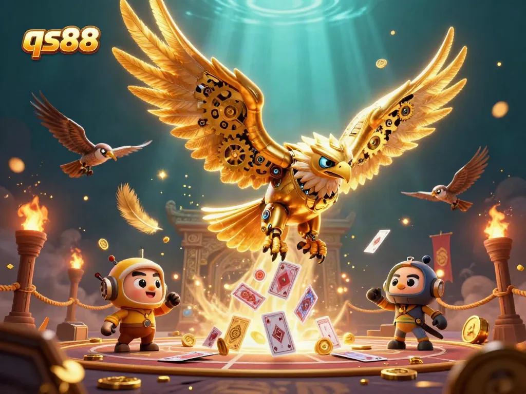 qs88 showcases a 3D animated golden eagle diving among holographic cards in a vibrant casino setting.