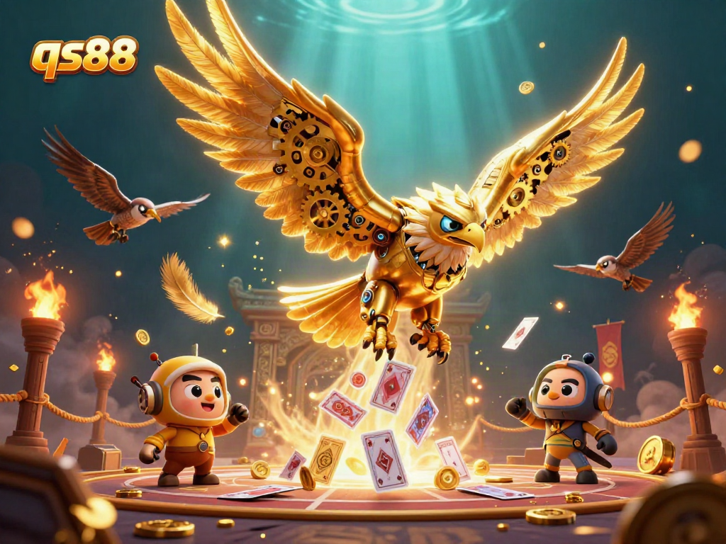 qs88 showcases a 3D animated golden eagle diving among holographic cards in a vibrant casino setting.