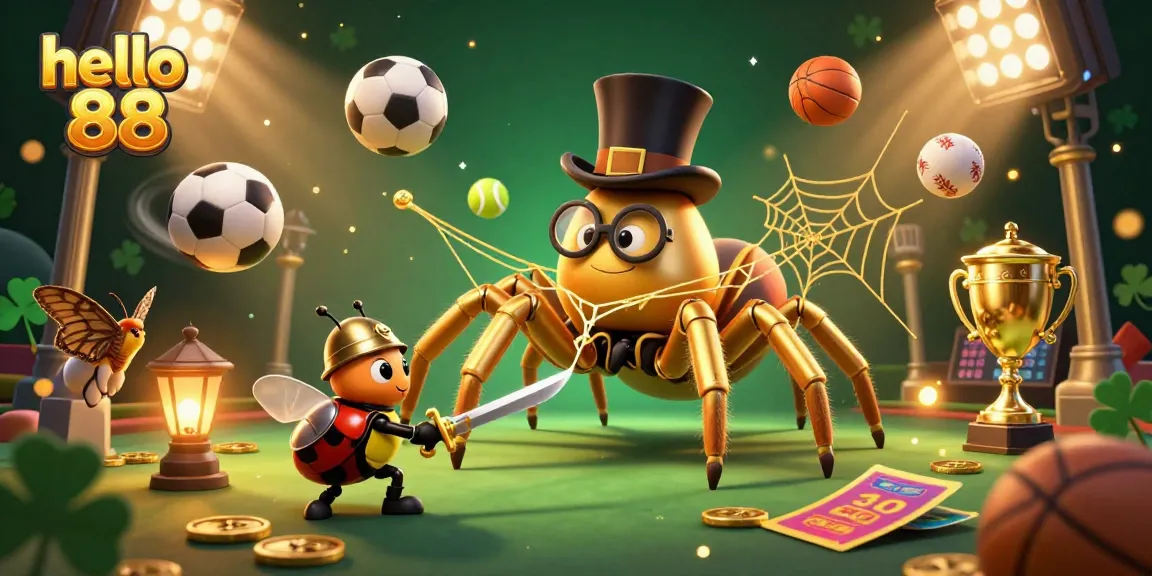 Hello 88 highlights a golden tarantula weaving a web, surrounded by vibrant casino elements in a dynamic illustration.