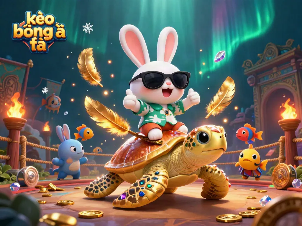 Bet on kèo bóng đá with a lucky rabbit and golden turtle in a vibrant underwater scene.