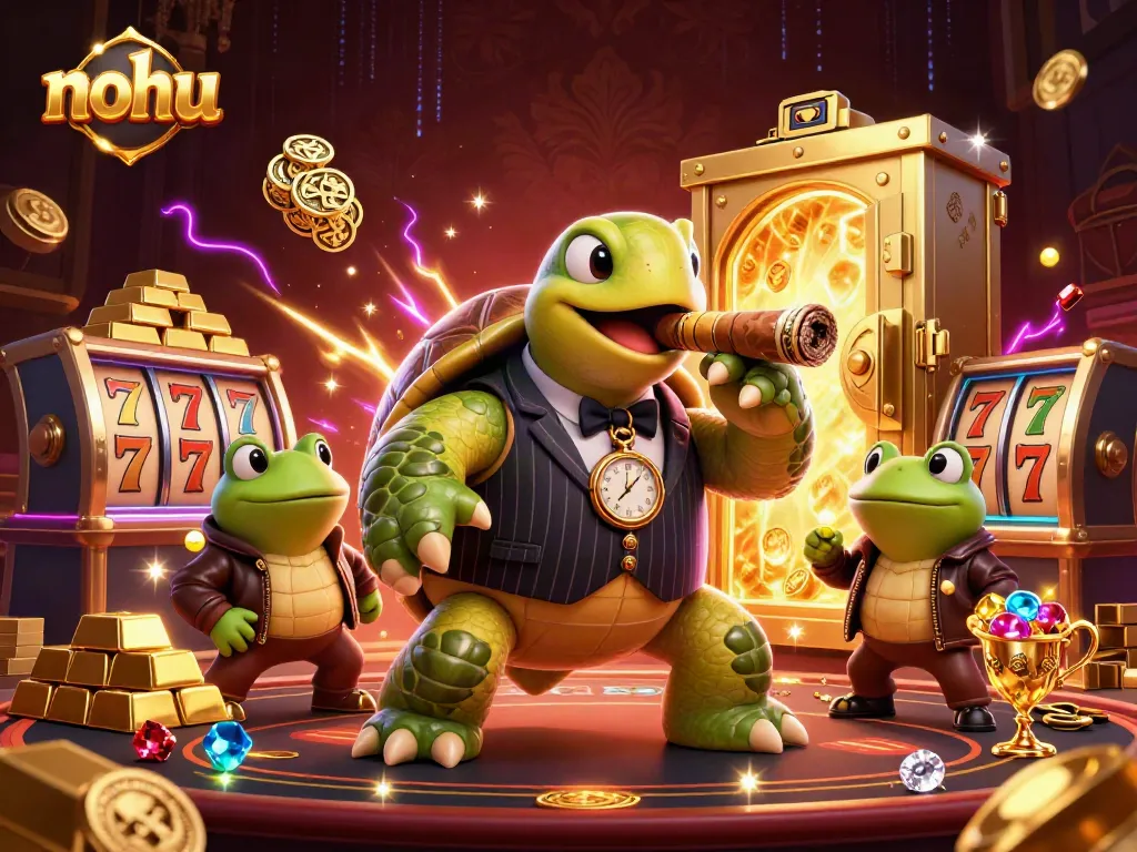 Experience thrilling excitement at NOHU with a lavish scene of a turtle mobster surrounded by treasures and vibrant casino elements.