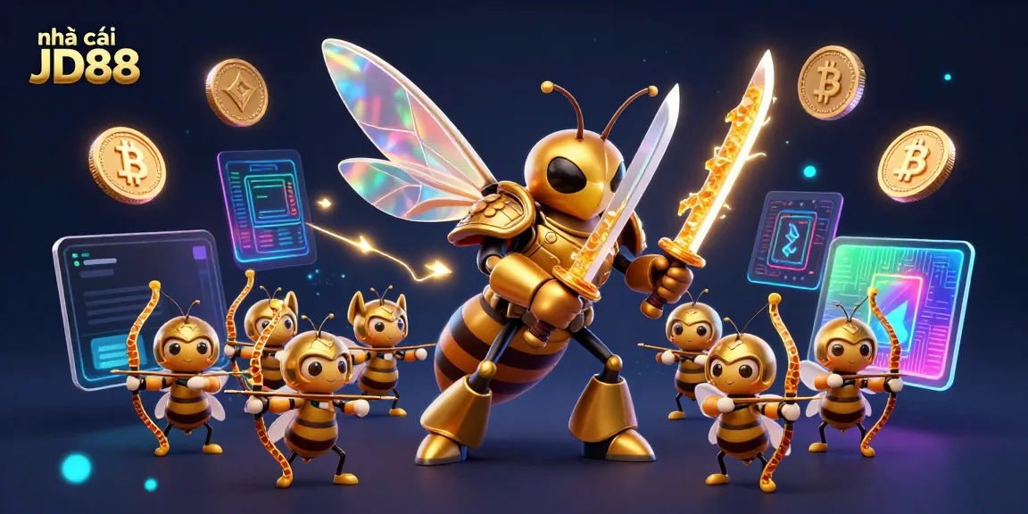 Experience the vibrant action of nhà cái JD88 with a samurai hornet and bee archers in a rich casino-themed illustration.