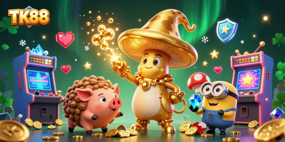 Experience exciting gameplay at TK88 with a magical mushroom wizard, treasure hunting pig, and gems.