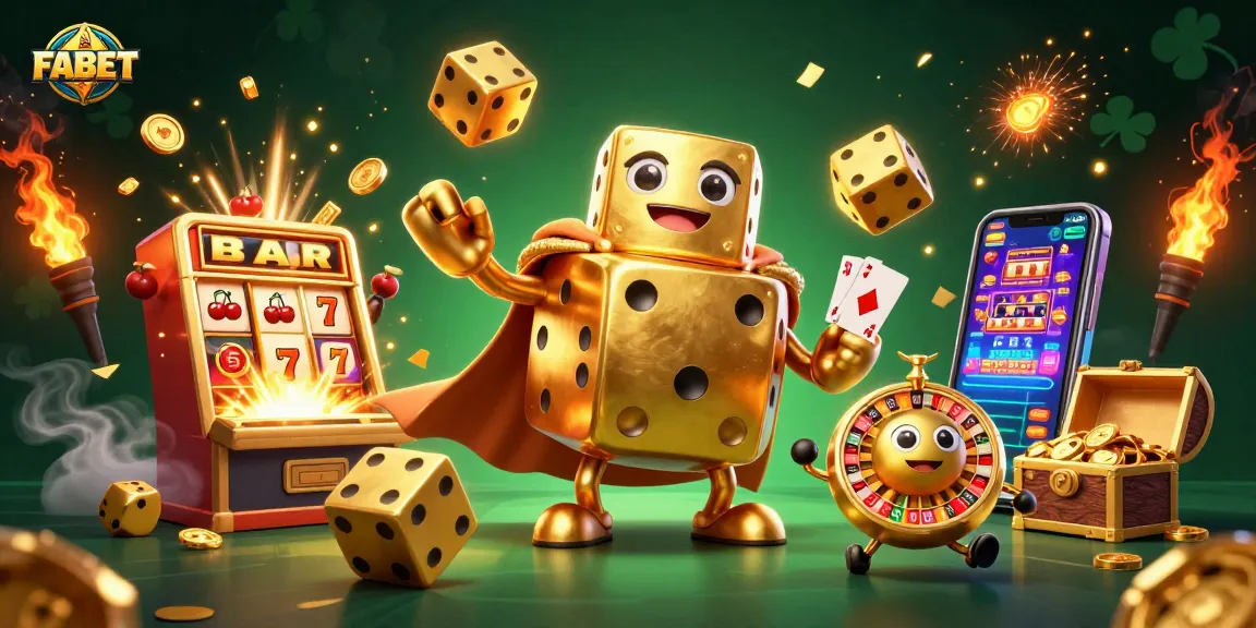Engage with exciting FABET gaming as a golden dice golem juggles for big wins among vibrant casino elements.