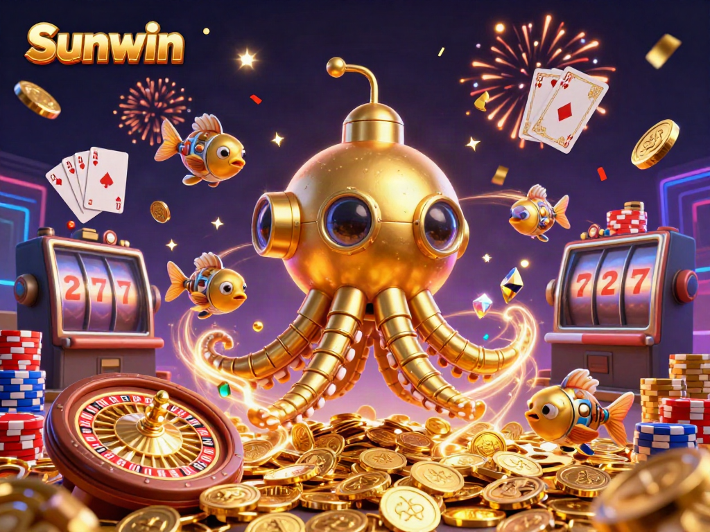 Experience thrilling gameplay with Sunwin, featuring a golden kraken and vibrant casino elements.