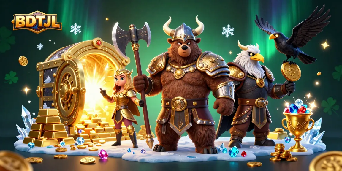 Experience BDTJL with a Viking bear and Valkyrie eagle in a vibrant casino-themed scene.