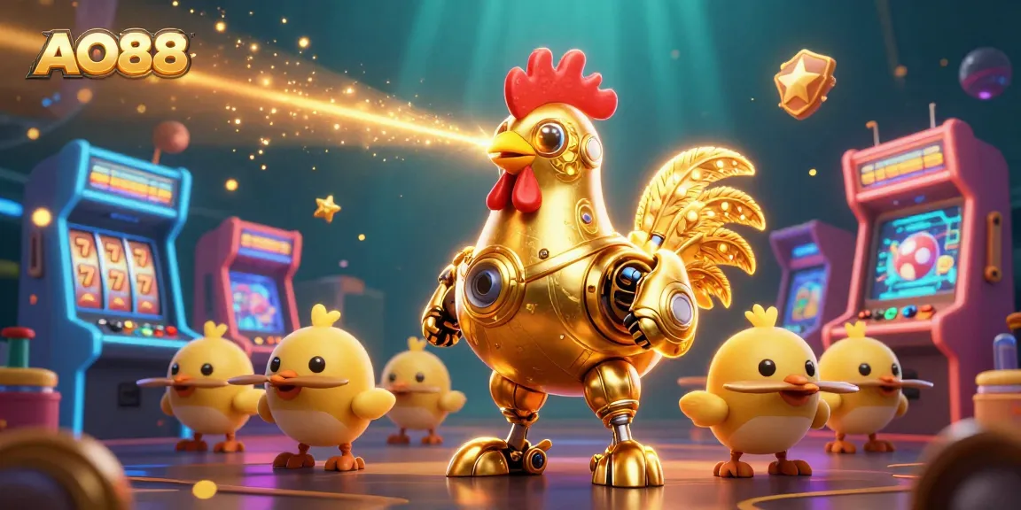 Engage with AO88's vibrant casino scene featuring a golden rooster robot and arcade elements.