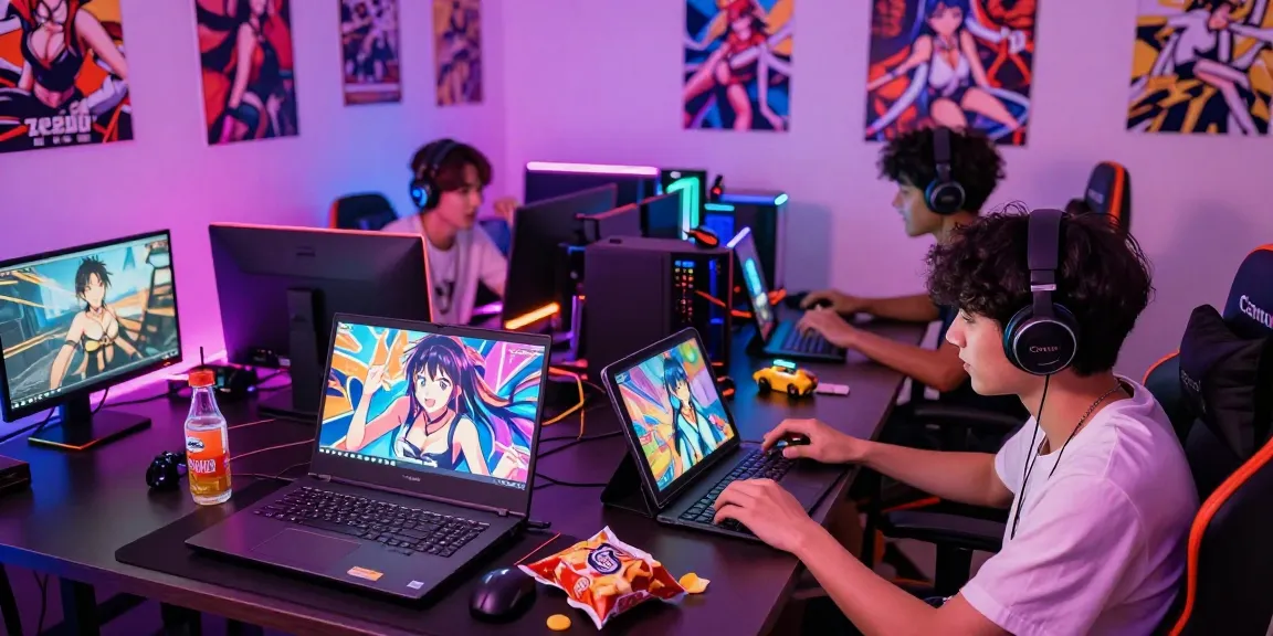 Engaging scene of gamers enjoying online ecchi games on various devices in an immersive digital setting.