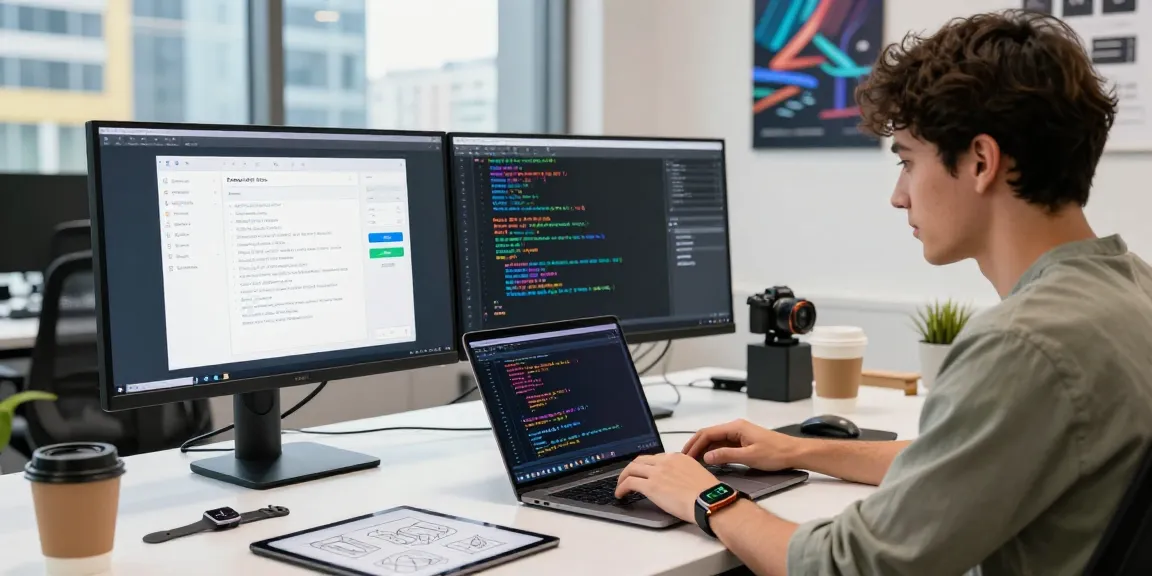 WhatsApp下載 app development in a modern office environment, showcasing coding and design tools in use