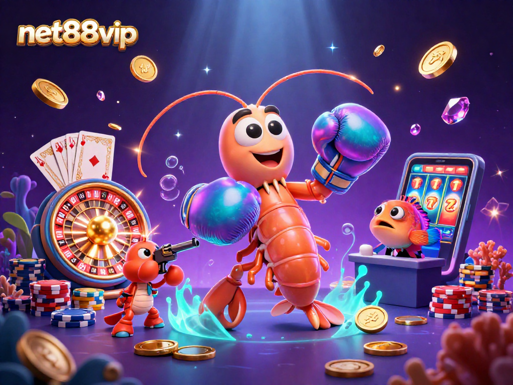 Experience thrilling casino action with net88vip's vibrant 3D mantis shrimp characters showcasing spectacular winning moments.