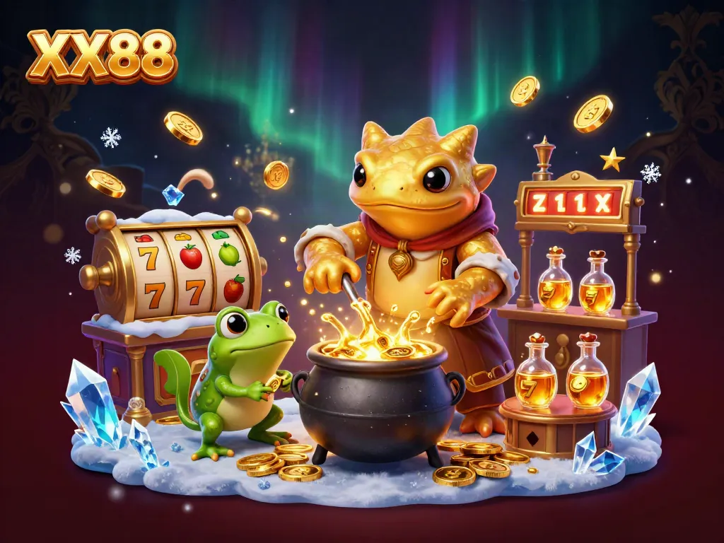 Experience the thrill of XX88 slots with vibrant 3D alchemist characters and golden coins scattered in action.
