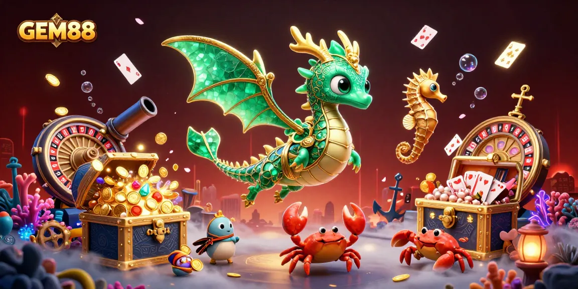Experience GEM88's vibrant casino world with a sea dragon and treasure trove adventure.