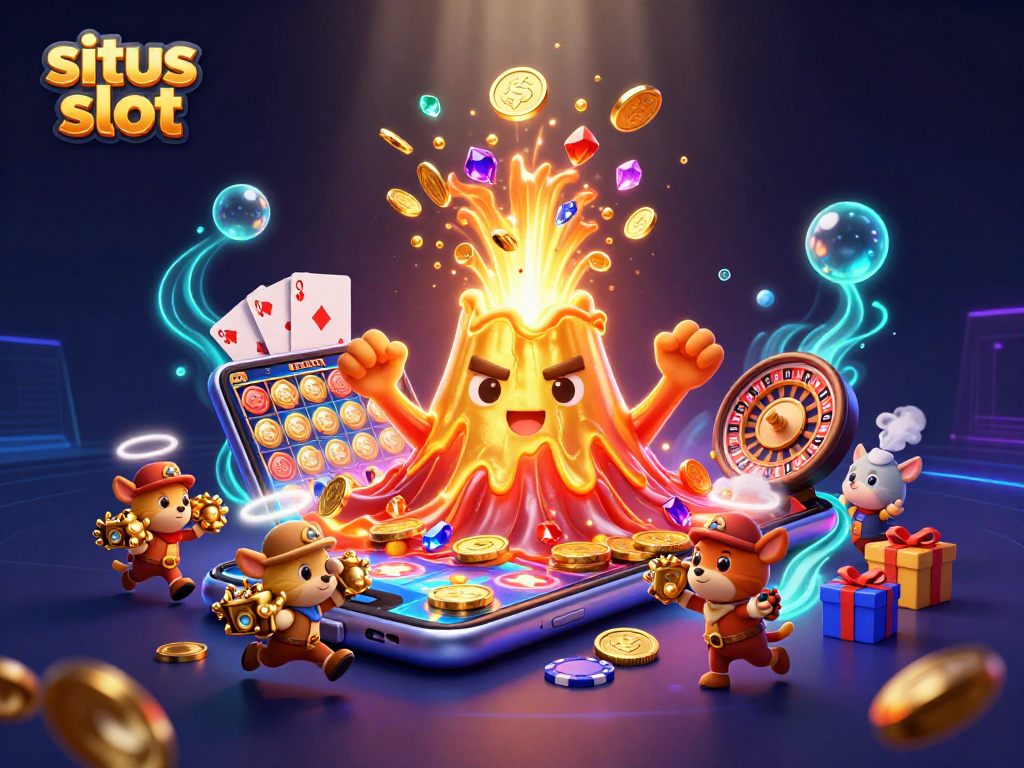 Situs slot showcases a vibrant eruption of coins and treasures, igniting excitement in gaming.