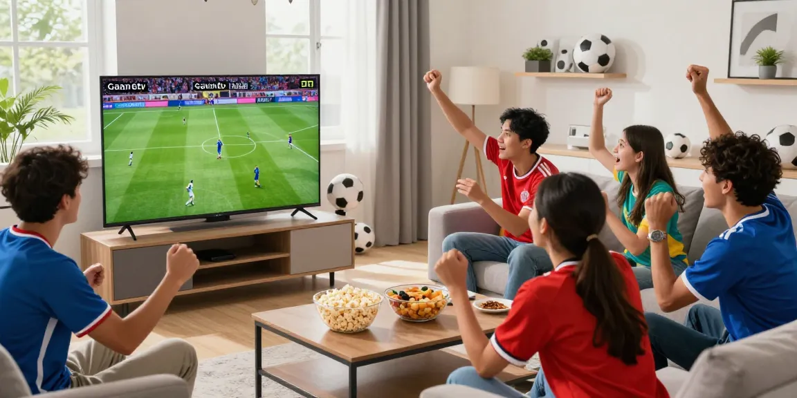 Friends enjoying a live football match on Gavangtv in a lively living room setting.