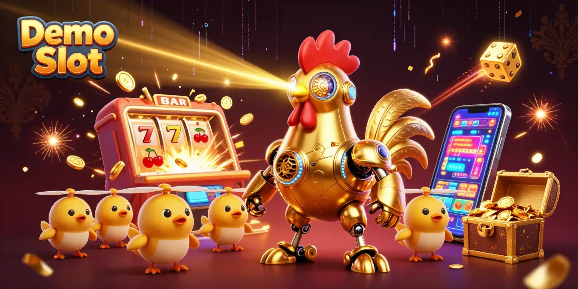 Experience thrilling gameplay with Demo Slot as golden rooster robot and adorable drones celebrate wins.