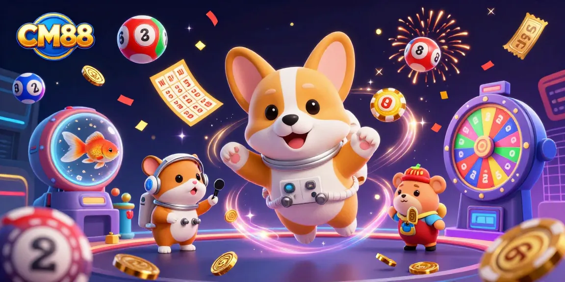 Spin and win at CM88 casino with vibrant lottery balls and dynamic characters!