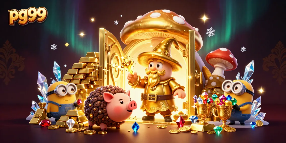 Experience the magic of pg99 with a wizard turning treasures to gold in a vibrant casino scene.
