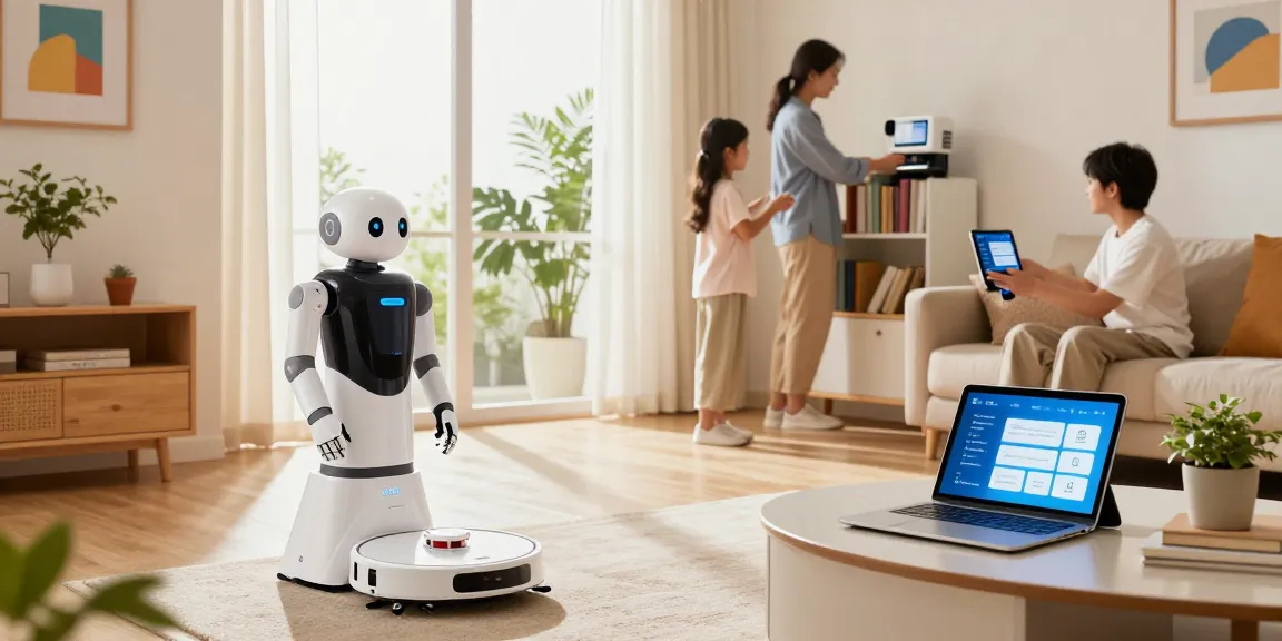 Home robot 2026 assisting with household chores in a modern living room, showcasing futuristic home automation technology.