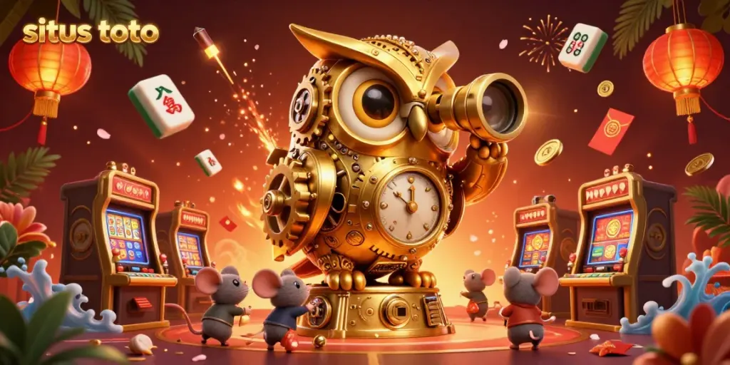 Engage with situs toto's vibrant casino scene featuring an owl observing players among gold and festive decorations.